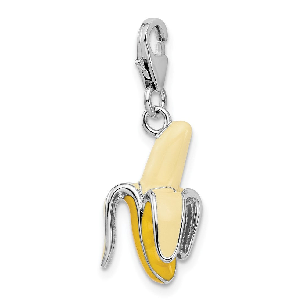 Amore La Vita Sterling Silver Rhodium-plated Polished 3-D Enameled Peeled Banana Charm with Fancy Lobster Clasp QCC732