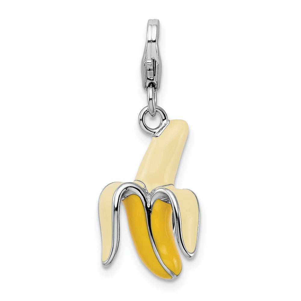Amore La Vita Sterling Silver Rhodium-plated Polished 3-D Enameled Peeled Banana Charm with Fancy Lobster Clasp QCC732