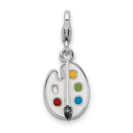 Amore La Vita Sterling Silver Rhodium-plated Polished Enameled 3-D Palette and Brush Charm with Fancy Lobster Clasp QCC796