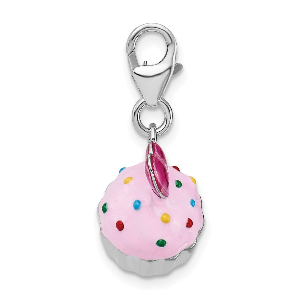 Amore La Vita Sterling Silver Rhodium-plated Polished 3-D Enameled Cupcake and Heart Charm with Fancy Lobster Clasp QCC802
