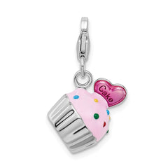Amore La Vita Sterling Silver Rhodium-plated Polished 3-D Enameled Cupcake and Heart Charm with Fancy Lobster Clasp QCC802