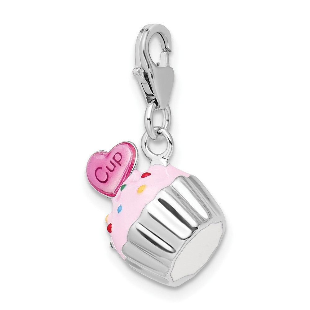 Amore La Vita Sterling Silver Rhodium-plated Polished 3-D Enameled Cupcake and Heart Charm with Fancy Lobster Clasp QCC802