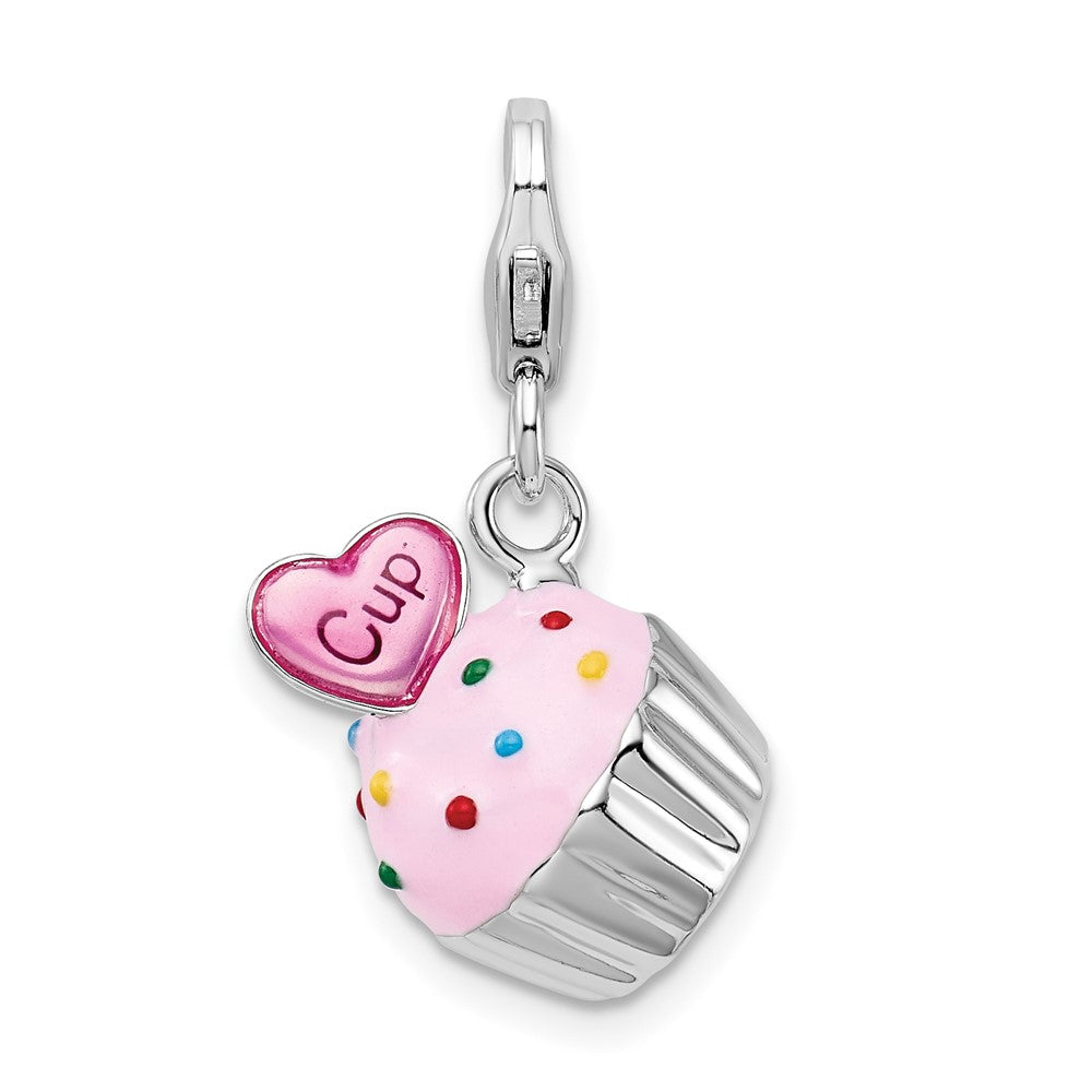 Amore La Vita Sterling Silver Rhodium-plated Polished 3-D Enameled Cupcake and Heart Charm with Fancy Lobster Clasp QCC802