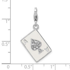 Amore La Vita Sterling Silver Rhodium-plated Polished 3-D Enameled Swarovski Crystal Ace Charm with Fancy Lobster Clasp QCC814