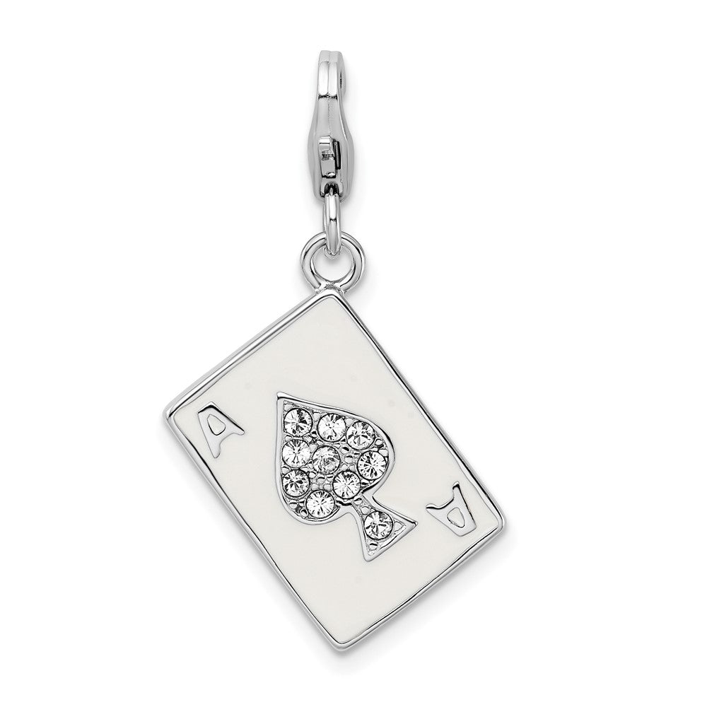 Amore La Vita Sterling Silver Rhodium-plated Polished 3-D Enameled Swarovski Crystal Ace Charm with Fancy Lobster Clasp QCC814