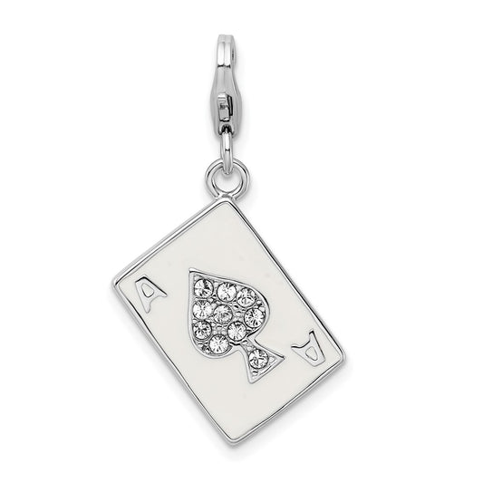 Amore La Vita Sterling Silver Rhodium-plated Polished 3-D Enameled Swarovski Crystal Ace Charm with Fancy Lobster Clasp QCC814