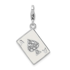 Amore La Vita Sterling Silver Rhodium-plated Polished 3-D Enameled Swarovski Crystal Ace Charm with Fancy Lobster Clasp QCC814