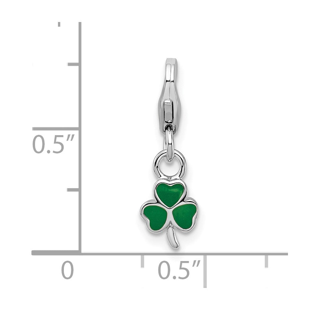 Amore La Vita Sterling Silver Rhodium-plated Polished 3-D Green Enameled Clover Charm with Fancy Lobster Clasp QCC816