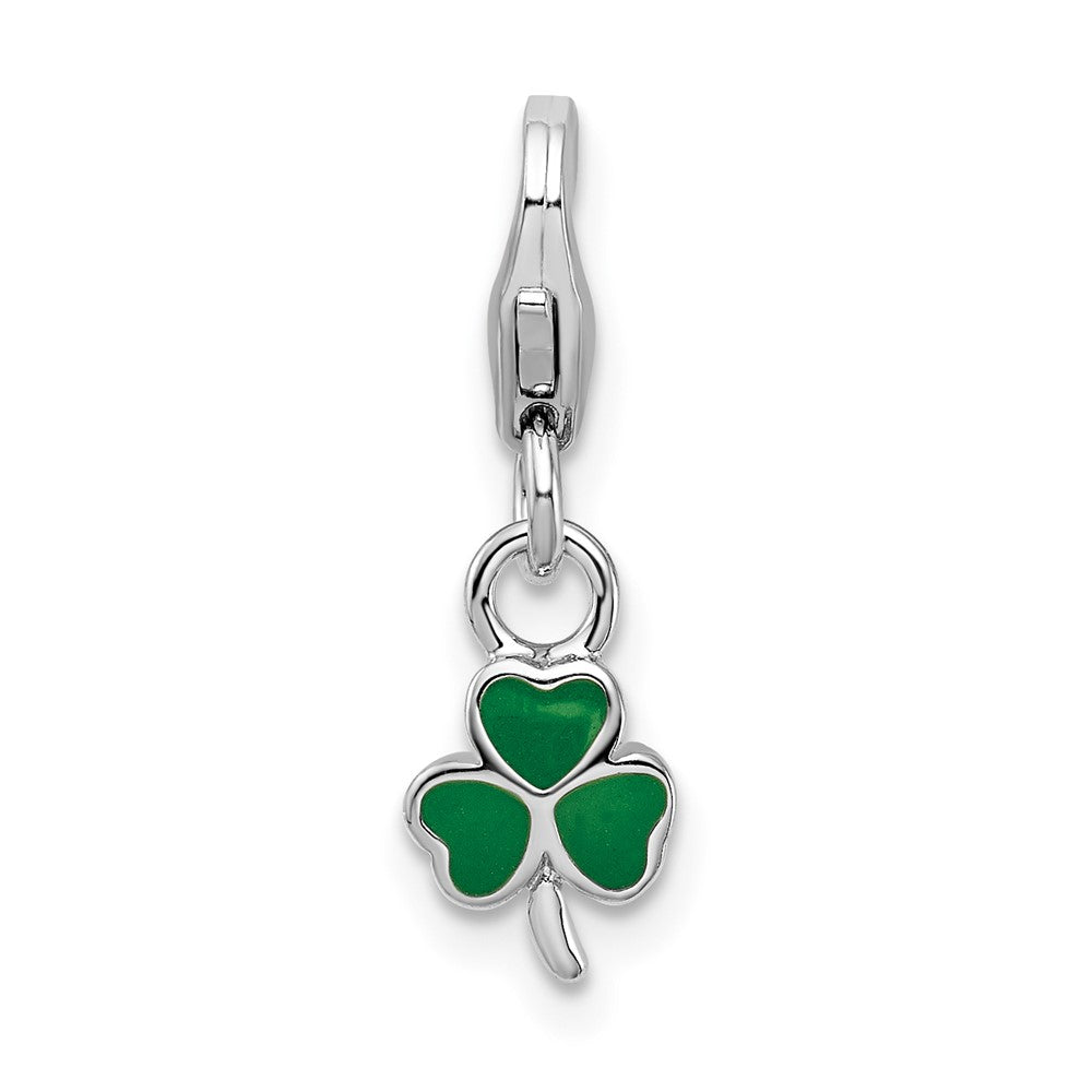 Amore La Vita Sterling Silver Rhodium-plated Polished 3-D Green Enameled Clover Charm with Fancy Lobster Clasp QCC816