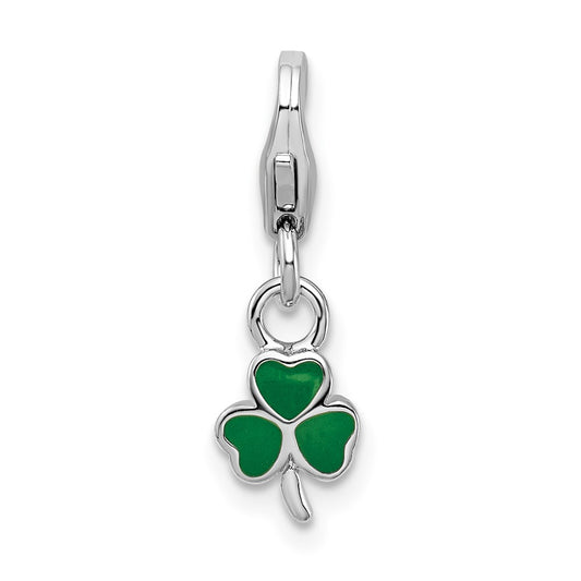 Amore La Vita Sterling Silver Rhodium-plated Polished 3-D Green Enameled Clover Charm with Fancy Lobster Clasp QCC816