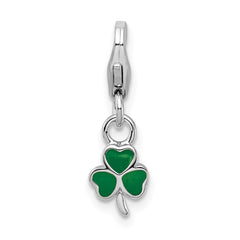 Amore La Vita Sterling Silver Rhodium-plated Polished 3-D Green Enameled Clover Charm with Fancy Lobster Clasp QCC816
