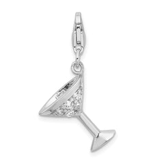 Amore La Vita Sterling Silver Rhodium-plated Polished 3-D CZ Martini Glass Charm with Fancy Lobster Clasp QCC971