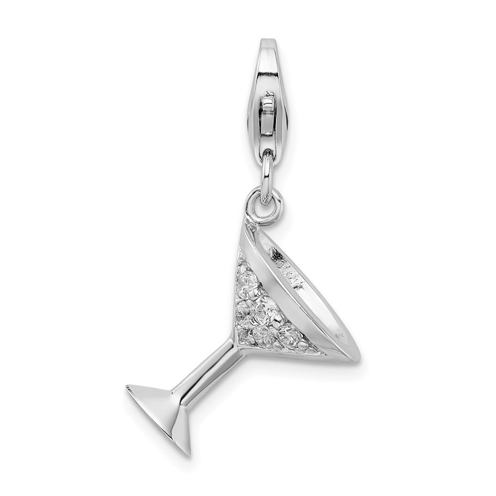 Amore La Vita Sterling Silver Rhodium-plated Polished 3-D CZ Martini Glass Charm with Fancy Lobster Clasp QCC971