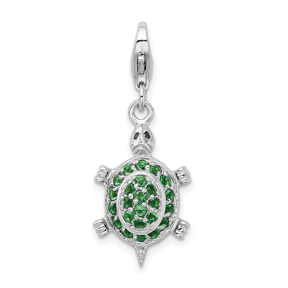 Amore La Vita Sterling Silver Rhodium-plated Polished 3-D CZ Green Turtle Charm with Fancy Lobster Clasp QCC981