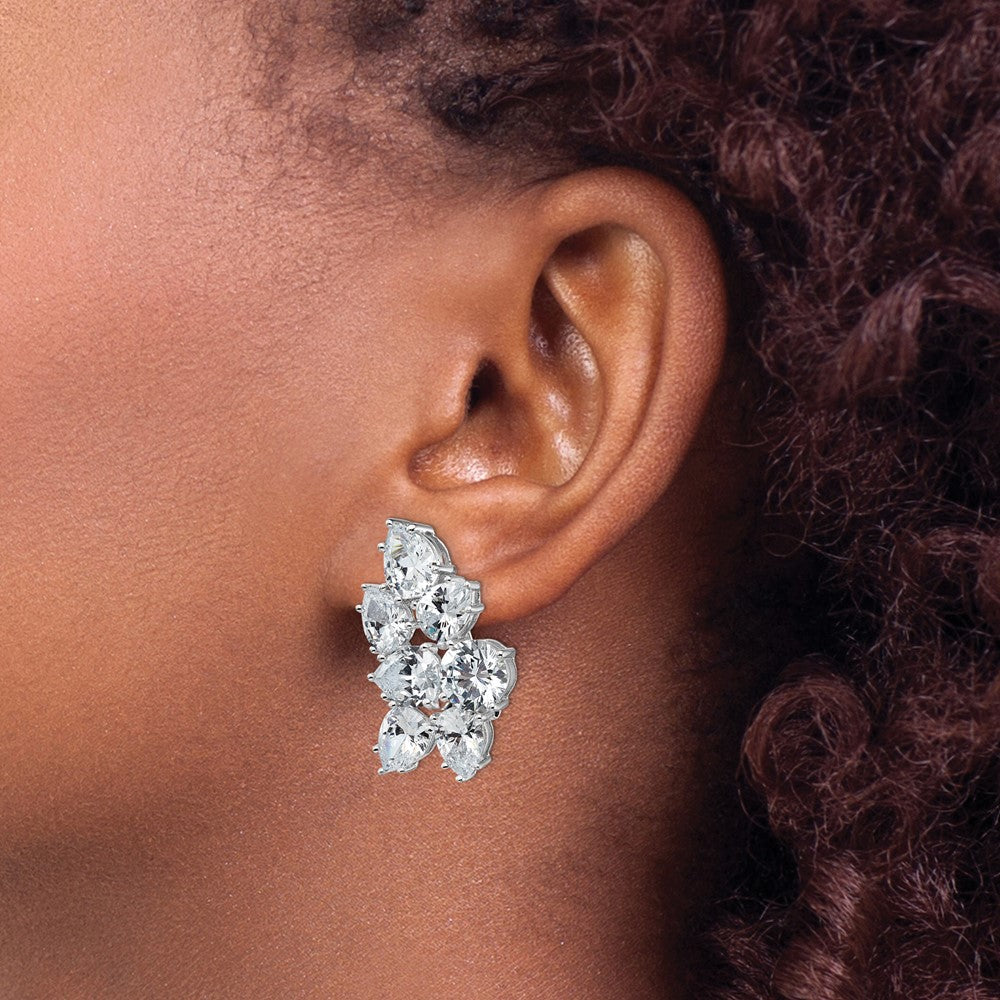 QCM100 Cheryl M Sterling Silver Rhodium-plated Fancy Brilliant-cut CZ Cluster Omega Back Earrings