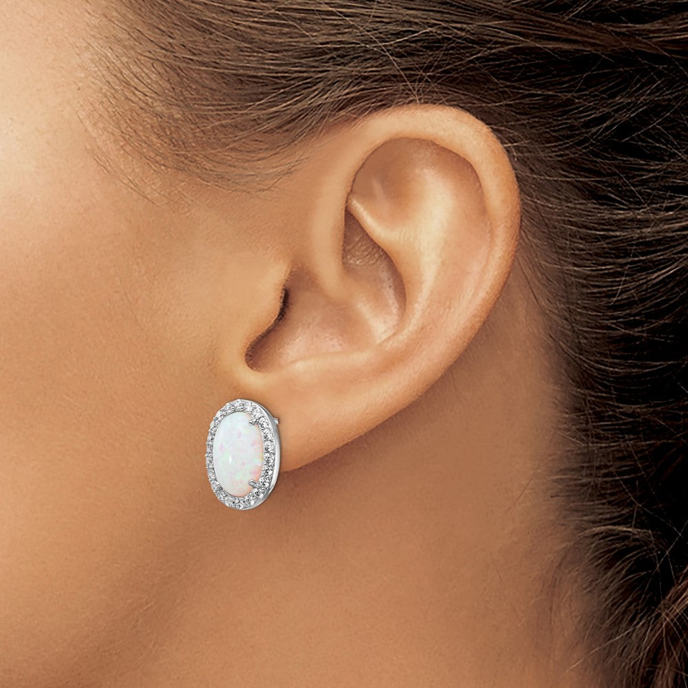 QCM1000 Cheryl M Sterling Silver Rhodium-plated Cabochon Lab Created Opal and Brilliant-cut CZ Oval Halo Post Earrings