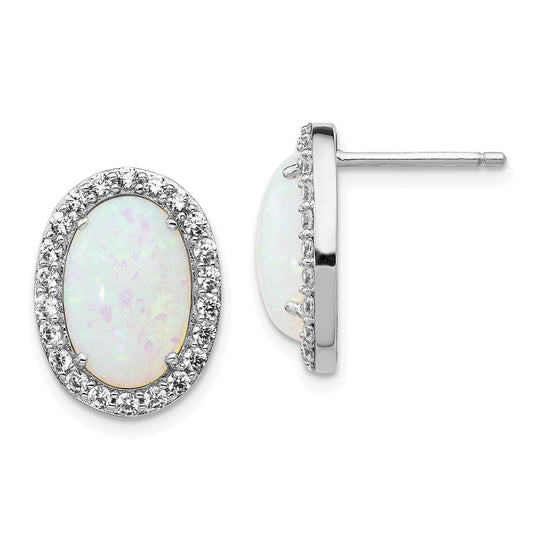 QCM1000 Cheryl M Sterling Silver Rhodium-plated Cabochon Lab Created Opal and Brilliant-cut CZ Oval Halo Post Earrings