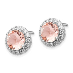QCM1092 Cheryl M Sterling Silver Rhodium-plated 100 Facet Simulated Morganite and White Brilliant-cut CZ Halo Post Earrings