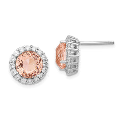 QCM1092 Cheryl M Sterling Silver Rhodium-plated 100 Facet Simulated Morganite and White Brilliant-cut CZ Halo Post Earrings