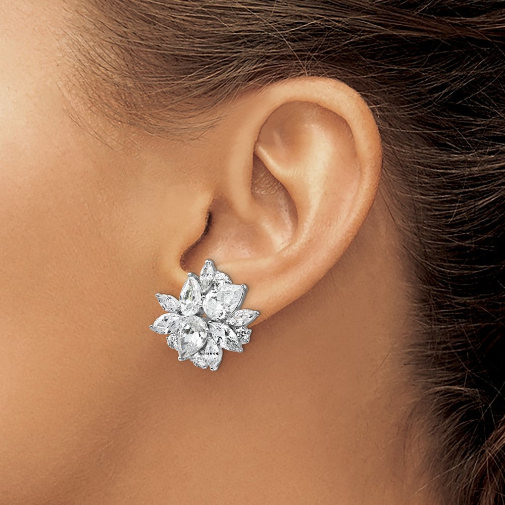 QCM1102 Cheryl M Sterling Silver Rhodium-plated Brilliant-cut & Marquise-cut CZ Cluster Post Omega Back Earrings