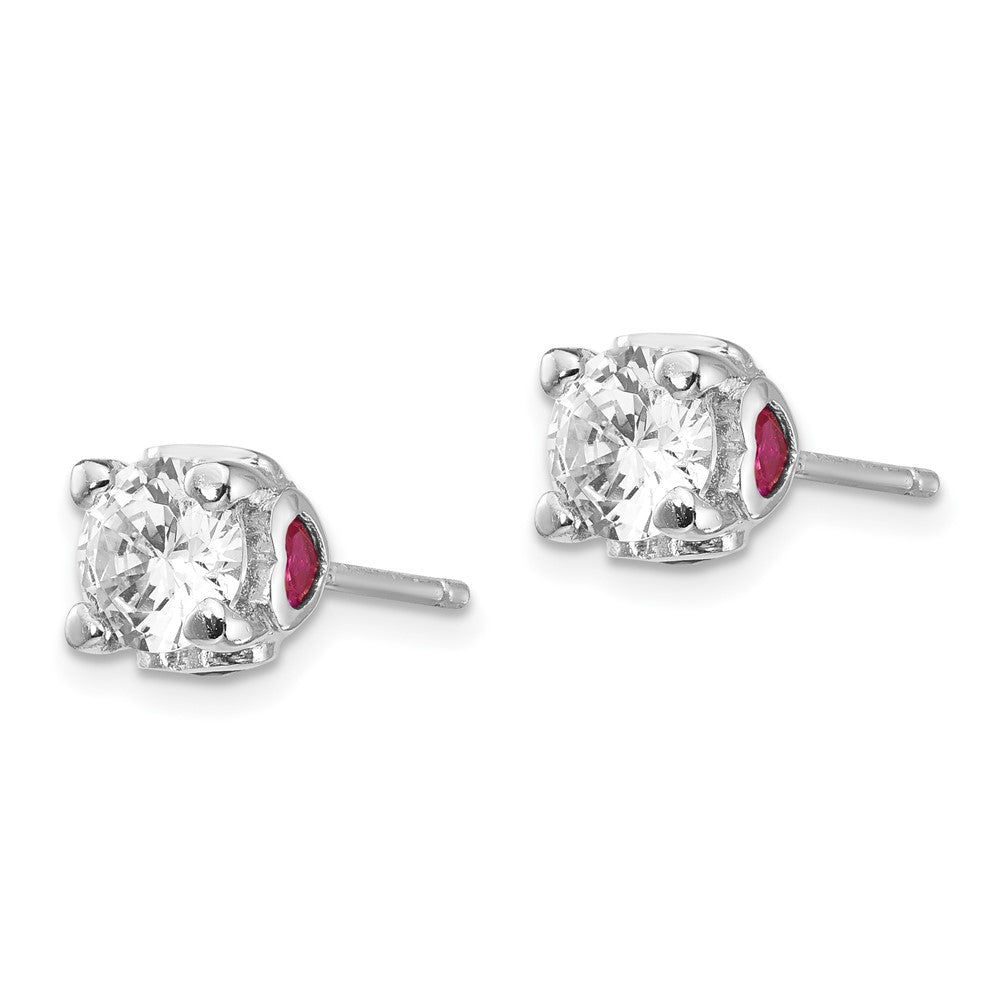 QCM1141 Cheryl M Sterling Silver Rhodium-plated Brilliant-cut Lab Created Ruby and Brilliant-cut White CZ with Heart Sides Stud Post Earrings