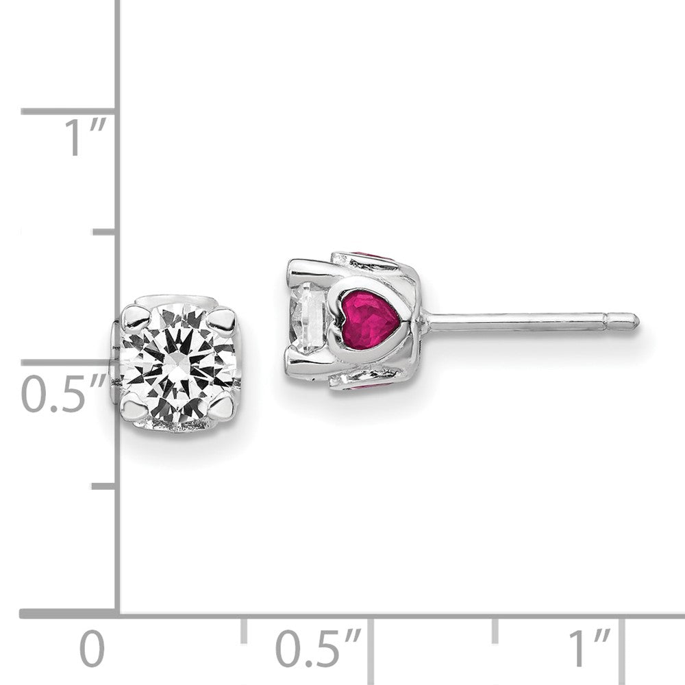 QCM1141 Cheryl M Sterling Silver Rhodium-plated Brilliant-cut Lab Created Ruby and Brilliant-cut White CZ with Heart Sides Stud Post Earrings