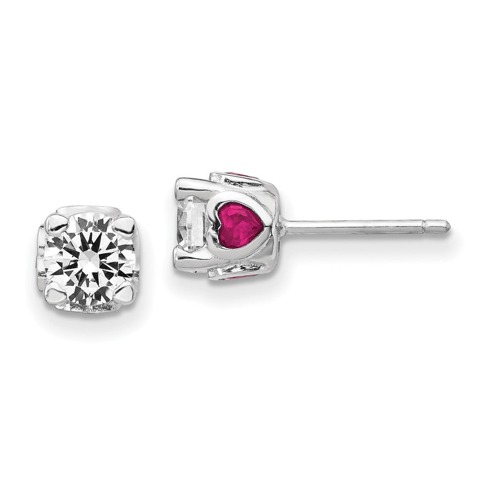 QCM1141 Cheryl M Sterling Silver Rhodium-plated Brilliant-cut Lab Created Ruby and Brilliant-cut White CZ with Heart Sides Stud Post Earrings