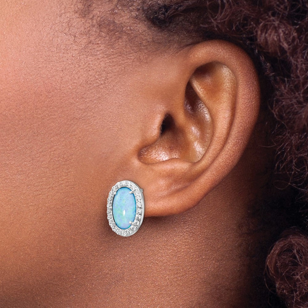 QCM1383 Cheryl M Sterling Silver Rhodium-plated Cabochon Lab Created Blue Opal and Brilliant-cut CZ Oval Post Earrings