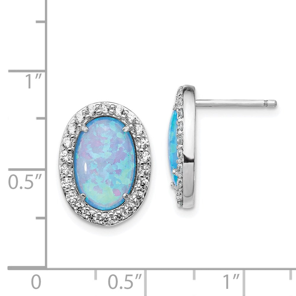 QCM1383 Cheryl M Sterling Silver Rhodium-plated Cabochon Lab Created Blue Opal and Brilliant-cut CZ Oval Post Earrings