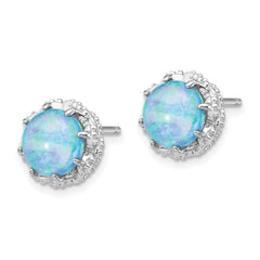 QCM1389 Cheryl M Sterling Silver Rhodium-plated Cabochon Lab Created Blue Opal and Brilliant-cut CZ Post Earrings
