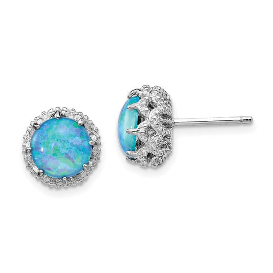 QCM1389 Cheryl M Sterling Silver Rhodium-plated Cabochon Lab Created Blue Opal and Brilliant-cut CZ Post Earrings