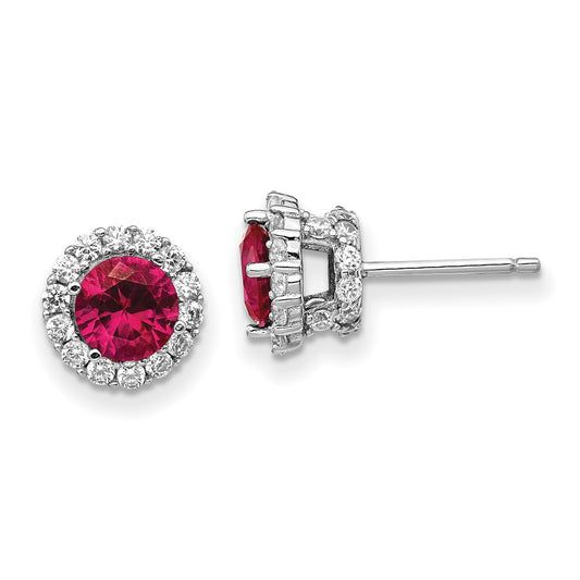 QCM1393 Cheryl M Sterling Silver Rhodium-plated Brilliant-cut Lab Created Ruby and Brilliant-cut White CZ Round Halo Post Earrings