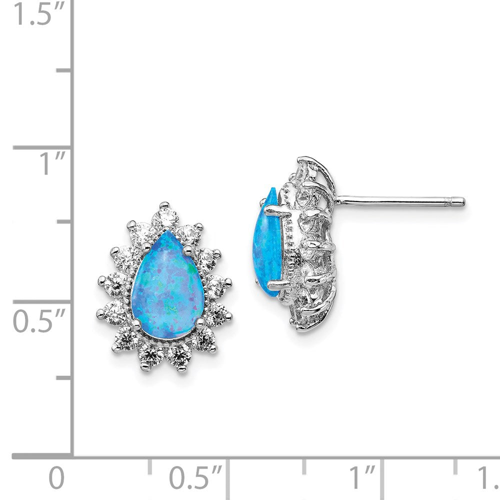 QCM1405 Cheryl M Sterling Silver Rhodium-plated Cabochon Lab Created Blue Opal and Brilliant-cut CZ Teardrop Shaped Post Earrings