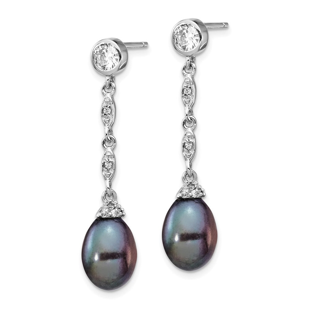 QCM1413 Cheryl M Sterling Silver Rhodium-plated Black Teardrop Freshwater Cultured Pearl and Brilliant-cut CZ Bezel Post Dangle Earrings