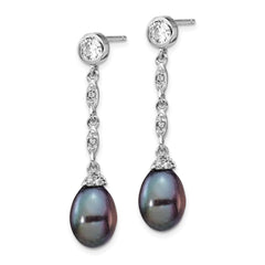 QCM1413 Cheryl M Sterling Silver Rhodium-plated Black Teardrop Freshwater Cultured Pearl and Brilliant-cut CZ Bezel Post Dangle Earrings