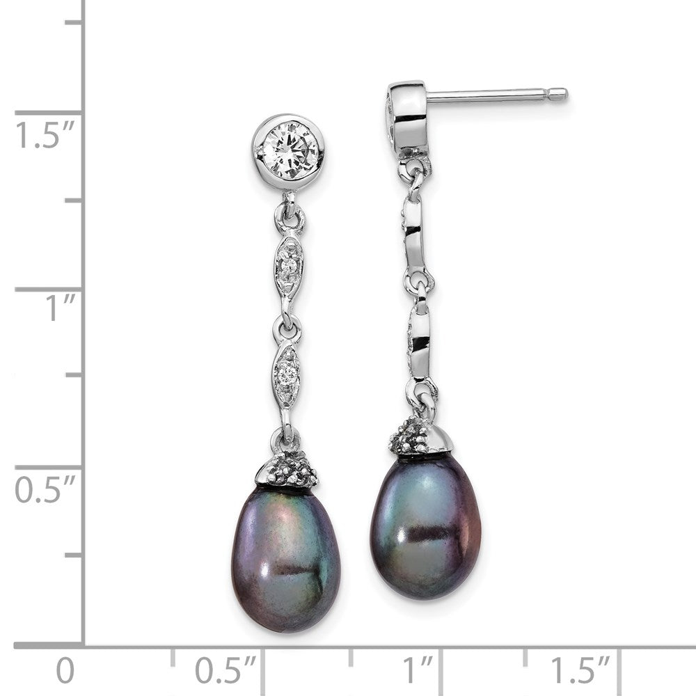 QCM1413 Cheryl M Sterling Silver Rhodium-plated Black Teardrop Freshwater Cultured Pearl and Brilliant-cut CZ Bezel Post Dangle Earrings