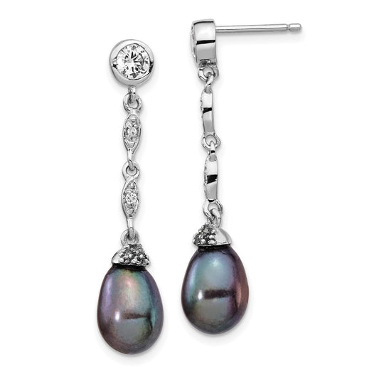 QCM1413 Cheryl M Sterling Silver Rhodium-plated Black Teardrop Freshwater Cultured Pearl and Brilliant-cut CZ Bezel Post Dangle Earrings