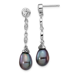 QCM1413 Cheryl M Sterling Silver Rhodium-plated Black Teardrop Freshwater Cultured Pearl and Brilliant-cut CZ Bezel Post Dangle Earrings