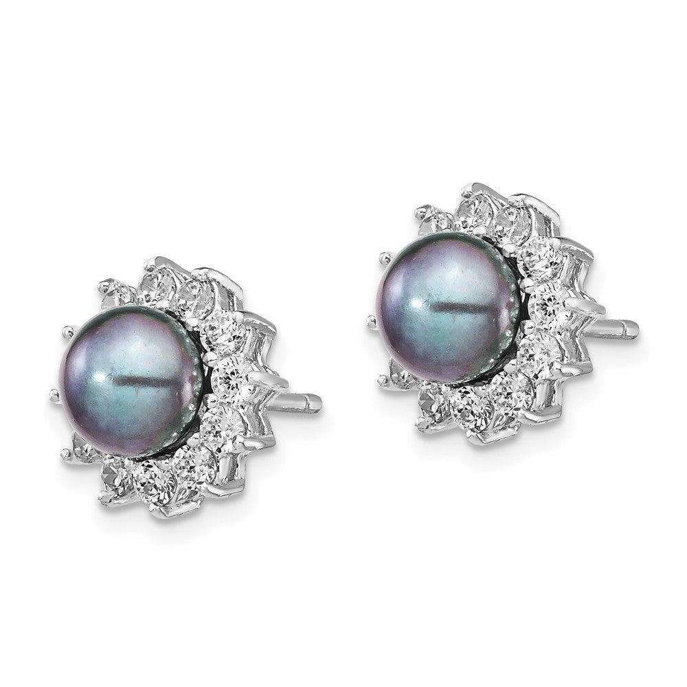 QCM1414 Cheryl M Sterling Silver Rhodium-plated Black Freshwater Cultured Pearl and Brilliant-cut CZ Post Earrings