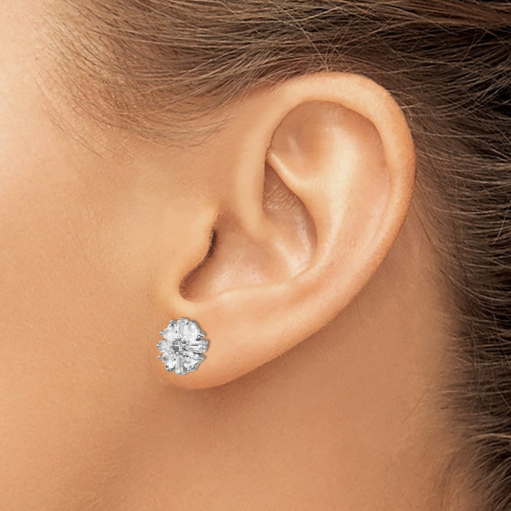 QCM1426 Cheryl M Sterling Silver Rhodium-plated Emerald-cut and Brilliant-cut CZ Cluster Post Earrings