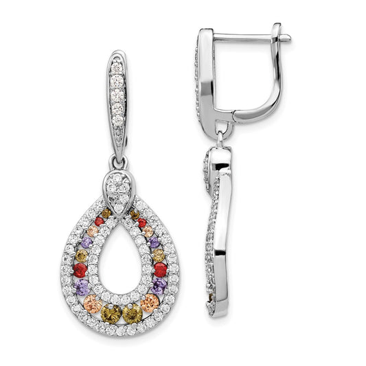 QCM1439 Cheryl M Sterling Silver Rhodium-plated Multi-color Brilliant-cut CZ Teardrop Hinged Post Dangle Earrings