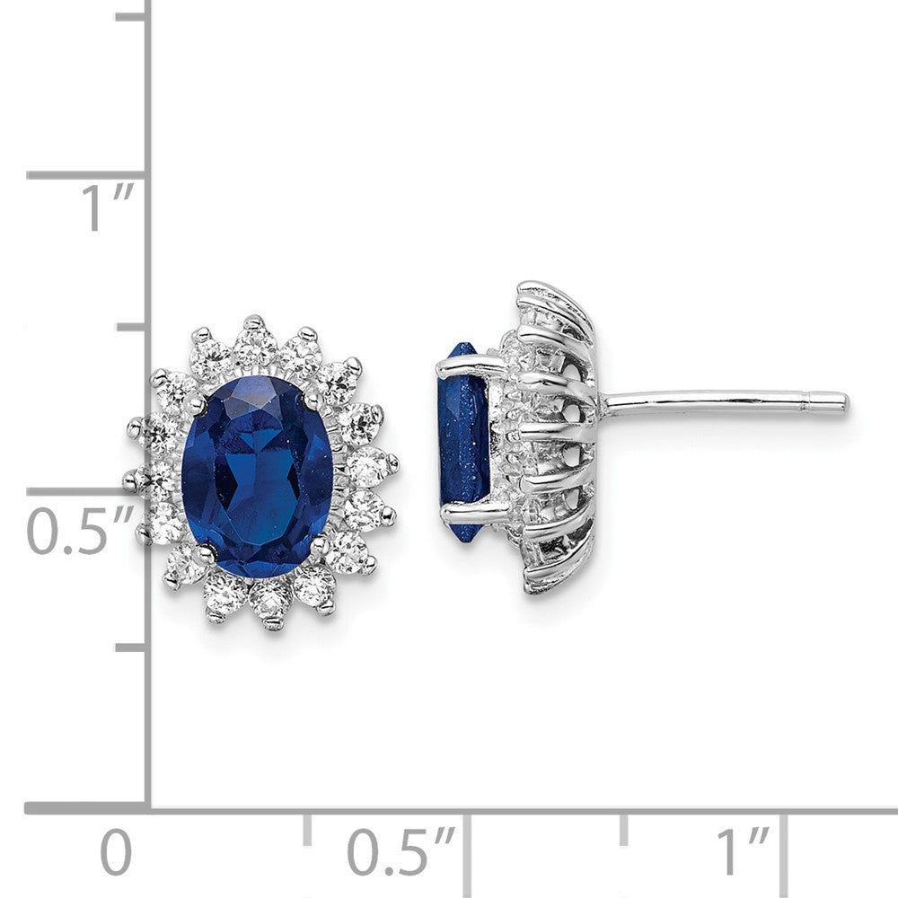 QCM1462 Cheryl M Sterling Silver Rhodium-plated Brilliant-cut Lab Created Dark Blue Spinel and Brilliant-cut White CZ Oval Halo Post Earrings