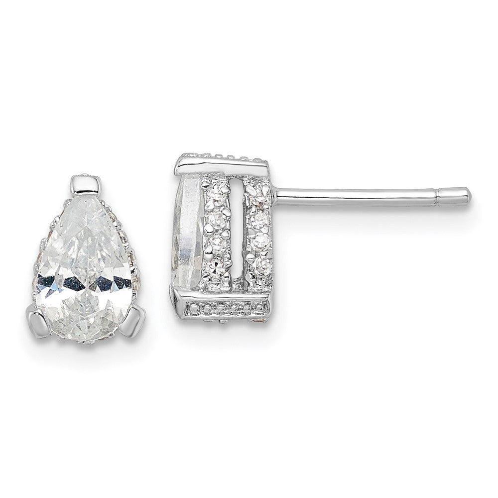QCM1463 Cheryl M Sterling Silver Rhodium-plated Brilliant-cut Pear Shaped CZ with Pave Gallery Post Stud Earrings