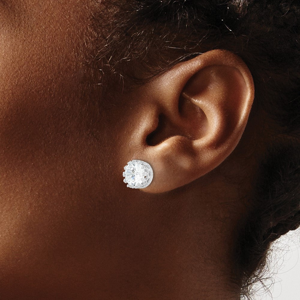 QCM1464 Cheryl M Sterling Silver Rhodium-plated Brilliant-cut CZ 8mm Crown Post Stud Earrings
