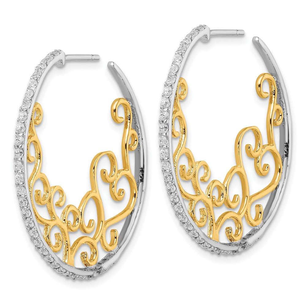 QCM1466 Cheryl M Sterling Silver Rhodium-plated and Gold-plated Brilliant-cut CZ Swirl Round Post Hoop Earrings