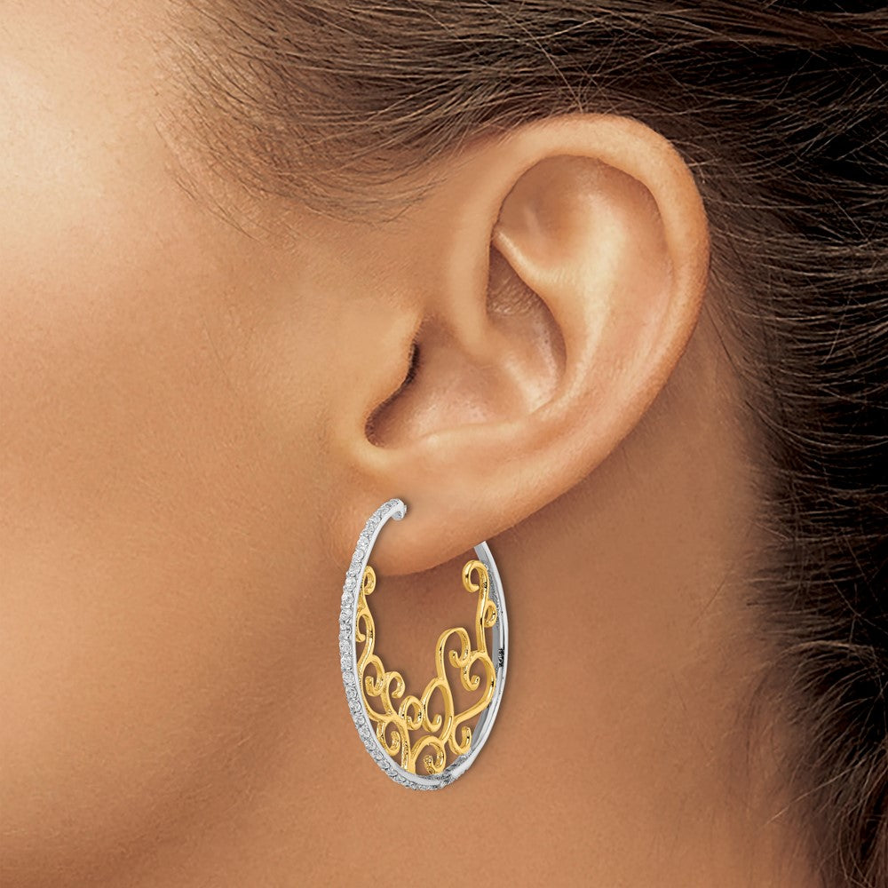 QCM1466 Cheryl M Sterling Silver Rhodium-plated and Gold-plated Brilliant-cut CZ Swirl Round Post Hoop Earrings