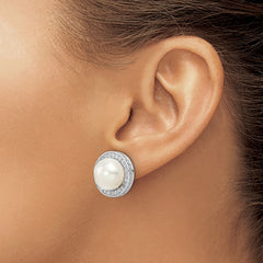 QCM1472 Cheryl M Sterling Silver Rhodium-plated 12mm Button Freshwater Cultured Pearl and Brilliant-cut CZ Halo Post Earrings