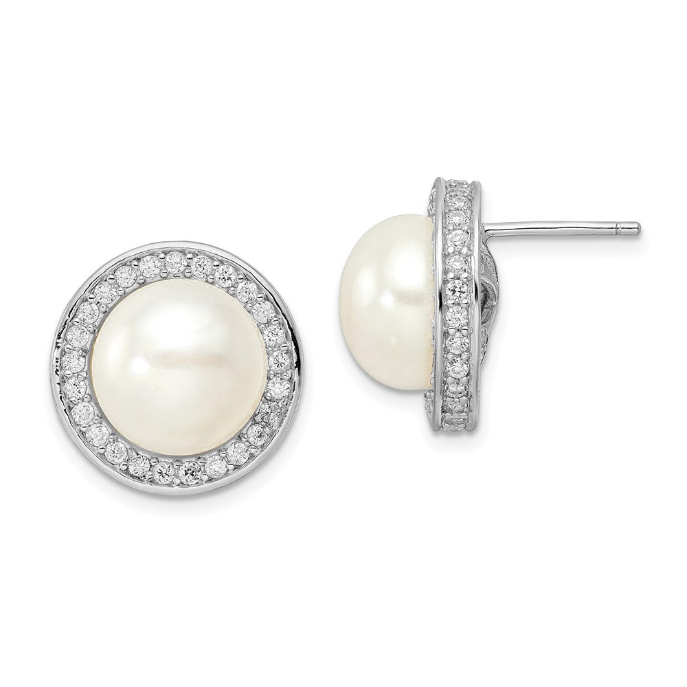 QCM1472 Cheryl M Sterling Silver Rhodium-plated 12mm Button Freshwater Cultured Pearl and Brilliant-cut CZ Halo Post Earrings