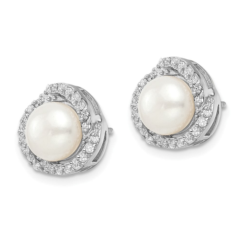 QCM1473 Cheryl M Sterling Silver Rhodium-plated Freshwater Cultured Pearl and Brilliant-cut CZ Love Knot Post Earrings
