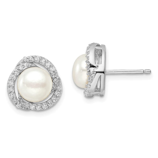 QCM1473 Cheryl M Sterling Silver Rhodium-plated Freshwater Cultured Pearl and Brilliant-cut CZ Love Knot Post Earrings